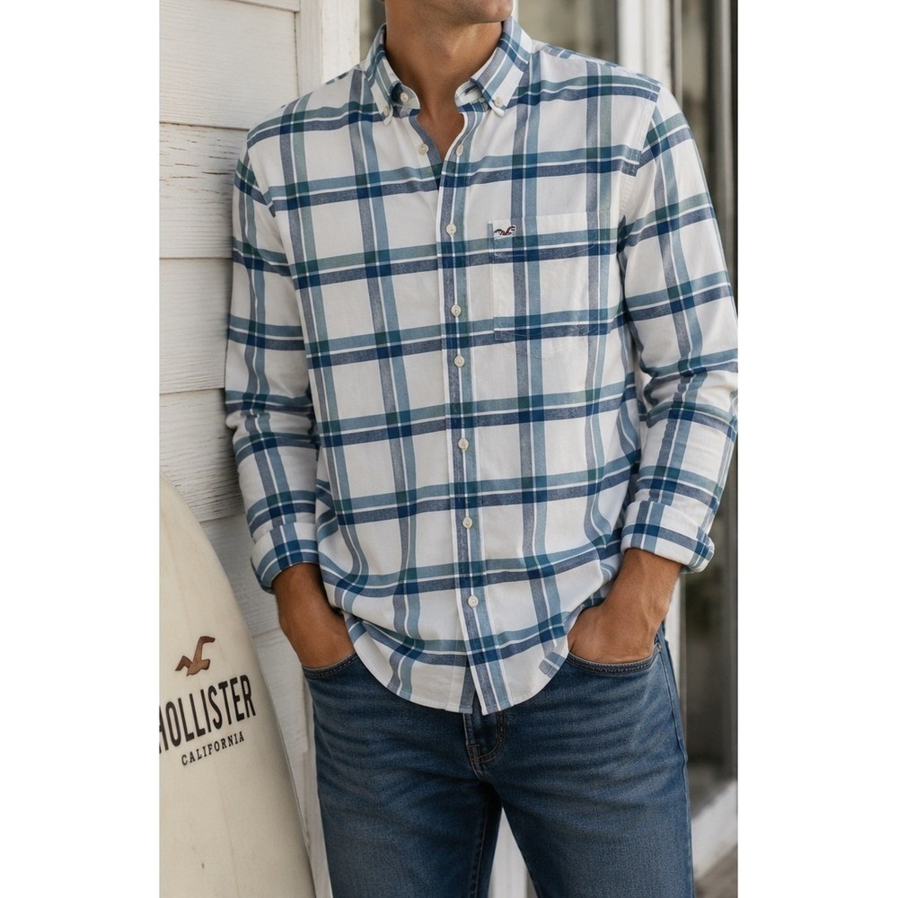 Hollister Stretch Plaid Button Front Shirt Men Large Blue White LS Classic Fit